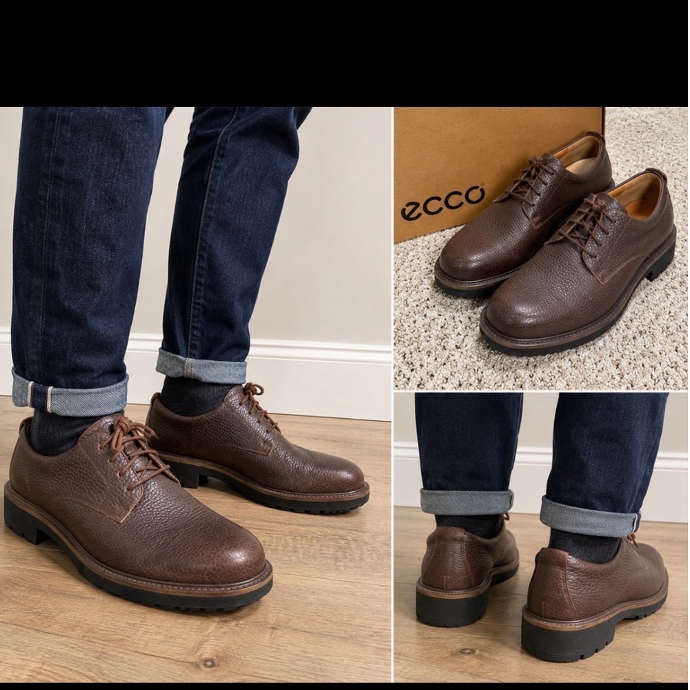 ECCO Men Cocoa Brown Grain Leather Derby Shoes Lug Sole Oxford 550224 Size 44 10